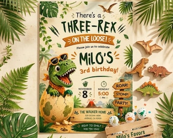 Verjaardag Three Rex, dinosaurusverjaardagsuitnodiging, retro T-Rex-uitnodiging, dinosaurusuitnodigingssjabloon, Dino 3rd, Three Rex Boys, Canva