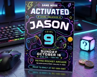 Uitnodiging voor feest videogame, groene gamerverjaardagsuitnodiging, Level Up verjaardagsuitnodiging, gamer Boy-sjabloon, bewerkbare canvassjabloon