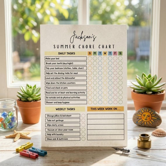Editable Summer Chore Chart for Teens Tweens Pre-Teens, Daily and Weekly Responsibility Chart for Kids, Summer Chores Checklist for Teenager