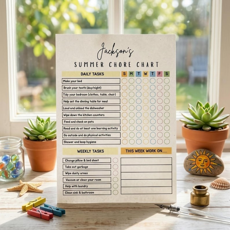 Editable Summer Chore Chart for Teens Tweens Pre-Teens, Daily and Weekly Responsibility Chart for Kids, Summer Chores Checklist for Teenager