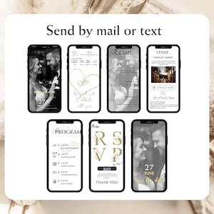 May include: Seven smartphones displaying a digital wedding invitation suite with the text Send by mail or text. Screens show a countdown, venue details, event program, and RSVP page featuring black and white photos of a couple and gold accents.