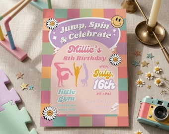 Sjabloon verjaardagsuitnodiging gymnastiek, ELKE LEEFTIJD, Daisy verjaardagsuitnodiging, retro regenboog, gym meisje verjaardagsfeestje, canvas uitnodigingssjabloon