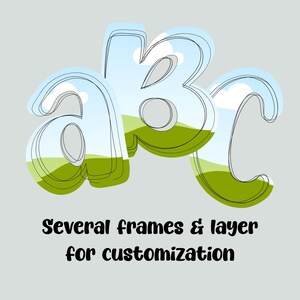 Pu&ograve; includere: Illustrazione delle lettere "abc" con un design paesaggistico. Le lettere sono delineate in nero con un paesaggio verde e blu all'interno. Il testo "Several frames & layer for customization" &egrave; in basso.