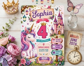 Bewerkbare eenhoorn verjaardagsuitnodiging magische pastel regenboog eenhoorn verjaardagsfeestje grillige sprookjesachtige eenhoorn prinses canva sjabloon