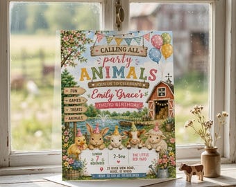 Redigerbar rosa bondgårdsfödelsedag, inbjudan till bondgårdstema, ladugårdsdjur med partyhattar, födelsedagsinbjudan till bondgårdsdjur, barnfest med ranch, Canvas