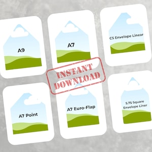Może przedstawiać: Zbiór białych kart z krajobrazem i etykietami tekstowymi. Karty zawierają etykiety takie jak "A9", "A7", "C5 Envelope Linear", "A7 Point", "A7 Euro-Flap" i "5.75 Square Envelope Liner". Widoczny jest czerwony stempel "INSTANT DOWNLOAD".