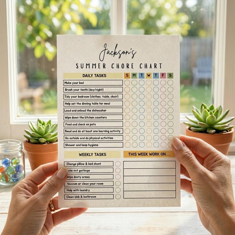 Puede incluir: Un cuadro de tareas de verano beige titulado "Jackson's Summer Chore Chart" con tareas diarias y semanales. El cuadro incluye tareas como hacer la cama, cepillarse los dientes y limpiar la habitaci&oacute;n. El cuadro est&aacute; en manos de una persona.
