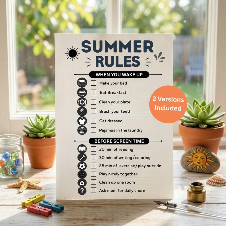May include: A beige Summer Rules checklist sign with black text, including "When You Wake Up" and "Before Screen Time" sections. The sign features a sun graphic and a round orange sticker that says "2 Versions Included".