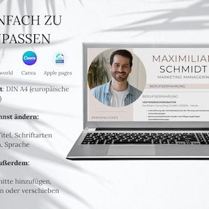 May include: A laptop screen displaying a resume template for Maximilian Schmidt, a marketing manager. The template includes a circular headshot, professional experience sections, and text in German. Icons for Microsoft Word, Canva, and Apple Pages are visible.