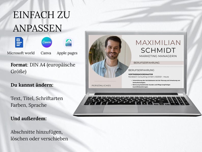 May include: A laptop screen displaying a resume template for Maximilian Schmidt, a marketing manager. The template includes a circular headshot, professional experience sections, and text in German. Icons for Microsoft Word, Canva, and Apple Pages are visible.