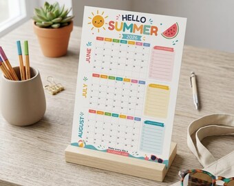 Zomerkalender grote planner poster afdrukbare digitale download eenvoudig leuk schema voor kinderen leuke zomerkalender activiteit 2026 Einde school