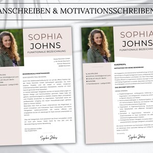 Pu&ograve; includere: Due modelli di curriculum professionali con un'intestazione che riporta il testo ANSCHREIBEN & MOTIVATIONSSCHREIBEN. Ogni documento include la fotografia di una persona, il nome SOPHIA JOHNS, contatti e sezioni di testo strutturate.