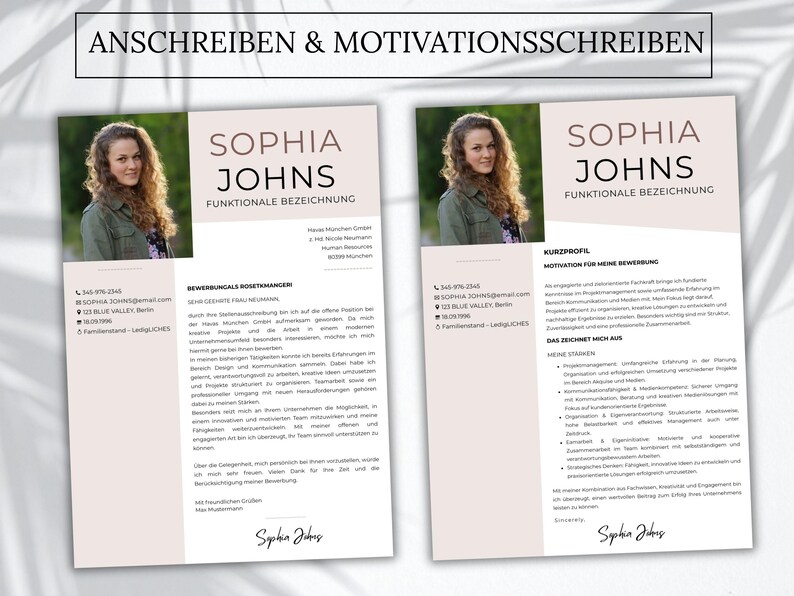 Pu&ograve; includere: Due modelli di curriculum professionali con un'intestazione che riporta il testo ANSCHREIBEN & MOTIVATIONSSCHREIBEN. Ogni documento include la fotografia di una persona, il nome SOPHIA JOHNS, contatti e sezioni di testo strutturate.