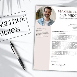 May include: A resume template featuring a circular headshot of a man, the name Maximilian Schmidt, and the title Marketing Manager. The document includes contact details, a professional summary in German, and a signature. A black pen lies nearby.