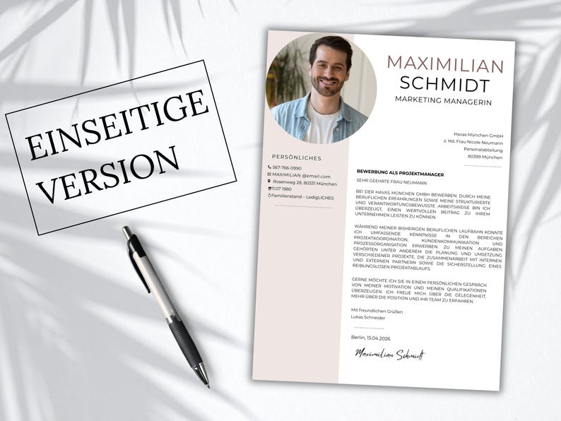 May include: A resume template featuring a circular headshot of a man, the name Maximilian Schmidt, and the title Marketing Manager. The document includes contact details, a professional summary in German, and a signature. A black pen lies nearby.