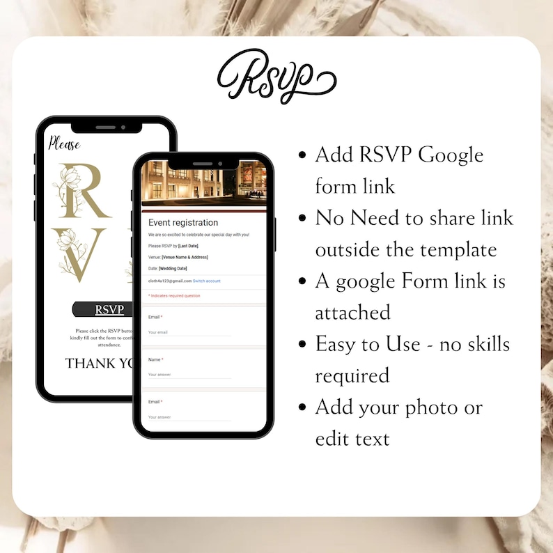 May include: Two smartphones displaying a digital RSVP template with gold floral accents and text including RSVP, Please, and Thank You. The screens show an event registration form with fields for email and name, alongside a list of features for the template.