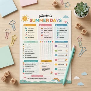 Może przedstawiać: Kolorowa lista kontrolna o tematyce letniej zatytułowana "Amelia's Summer Days" z zadaniami dziennymi, tygodniowymi i wieczornymi. Zawiera harmonogram, notatki i afirmację. W pobliżu znajduje się turkusowy długopis i ozdobne spinacze.