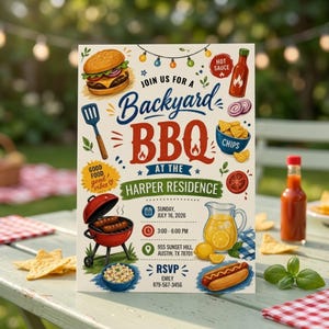May include: A Backyard BBQ invitation card featuring illustrations of a burger, hot sauce, chips, a grill with sausages, a pitcher of lemonade, and a hot dog. Text includes: Join us for a Backyard BBQ at the Harper Residence, Sunday, July 16, 2026, 3:00-6:00 PM, 955 Sunset Hill, Austin, TX 78701, RSVP Emily 879-567-3456.
