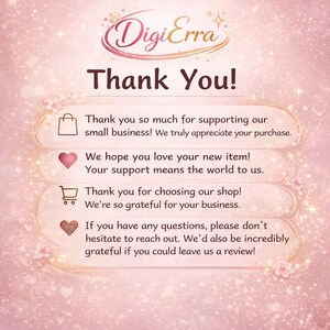 May include: A pink and white graphic with the DigiErra logo and the words "Thank You!" in large text. The image includes text thanking customers for their support and encouraging reviews.