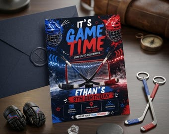 IJshockey verjaardagsuitnodiging sjabloon, zijn speeltijd hockeystadion feestuitnodiging jongen, bewerkbare neonhockey Canva direct downloaden