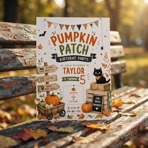 May include: A rectangular birthday party invitation card featuring a pumpkin patch theme with orange and green text. It displays a wooden wagon with pumpkins, a black cat on a crate, autumn leaves, and bunting. Text includes PUMPKIN PATCH BIRTHDAY PARTY, TAYLOR IS TURNING 5, AUGUST 20, 4:00 PM, MAPLE RIDGE FARM, HAYRIDES, CAKE, COSTUMES, and RSVP 555-987-1220.