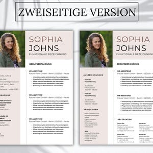Pu&ograve; includere: Un modello di curriculum di due pagine con una foto professionale di una persona con capelli ricci, il nome Sophia Johns e sezioni per esperienza professionale, istruzione, competenze e referenze in un layout pulito.