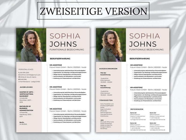 Pu&ograve; includere: Un modello di curriculum di due pagine con una foto professionale di una persona con capelli ricci, il nome Sophia Johns e sezioni per esperienza professionale, istruzione, competenze e referenze in un layout pulito.
