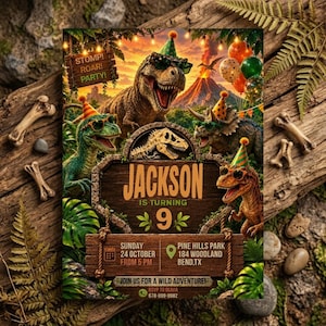 May include: A colorful dinosaur-themed birthday party invitation. The design features various dinosaurs wearing party hats and sunglasses, with the name "Jackson" and age "9" prominently displayed. Includes event details and RSVP information.