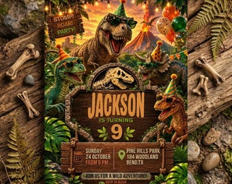 Bewerkbare dinosaurusuitnodiging, dinosaurusverjaardagsuitnodiging voor verjaardagsfeestje, dinosauruswereld uitnodigen, T-Rex-feestuitnodiging, Jurassic 1e 3e 5e verjaardag