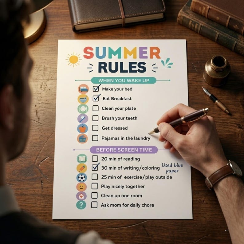May include: A colorful "Summer Rules" checklist on blue paper, with sections for morning and screen time activities. A person is writing on the list with a pen. The list includes tasks like making the bed, eating breakfast, and playing outside.
