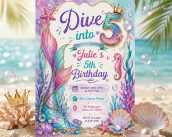 Duik in vijf zeemeerminuitnodiging 5e verjaardag, zeemeermin Bash Under the Sea verjaardagsuitnodiging, uitnodiging roze paars blauwe zeemeermin, canvassjabloon