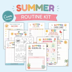 May include: A collection of printable summer routine kit pages featuring colorful headers and illustrations of suns, ice cream, and palm trees. The documents include a chore chart, reading log, bucket list, and reward coupons with text in English.