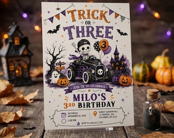 May include: A rectangular birthday invitation card featuring a skeleton driving a black hot rod with purple flames. The text reads TRICK OR THREE, MILO'S 3RD BIRTHDAY, and includes event details for Saturday, November 20, 2026, at 2:00 PM at Sunset Garden Hall.