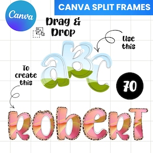 Pu&ograve; includere: Elementi di design grafico con il logo Canva, il testo "CANVA SPLIT FRAMES" e istruzioni per "Trascina e rilascia" per creare design. Include il nome "robert" in un font rosa e leopardato, e le lettere "abc" con uno sfondo paesaggistico.