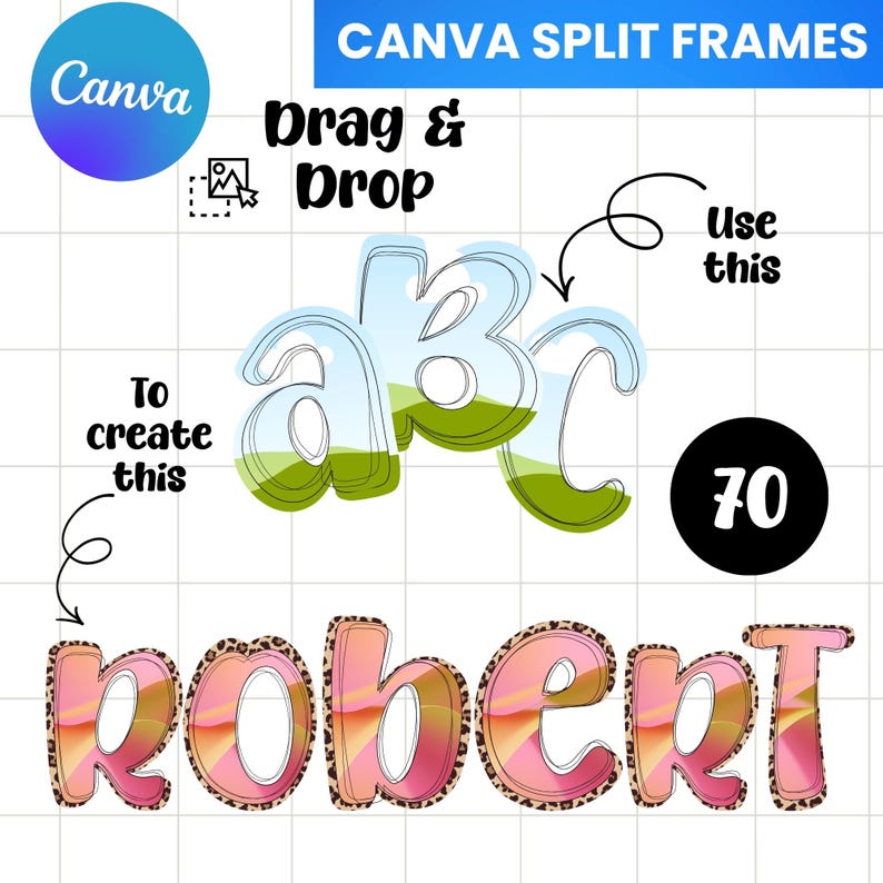 Pu&ograve; includere: Elementi di design grafico con il logo Canva, il testo "CANVA SPLIT FRAMES" e istruzioni per "Trascina e rilascia" per creare design. Include il nome "robert" in un font rosa e leopardato, e le lettere "abc" con uno sfondo paesaggistico.