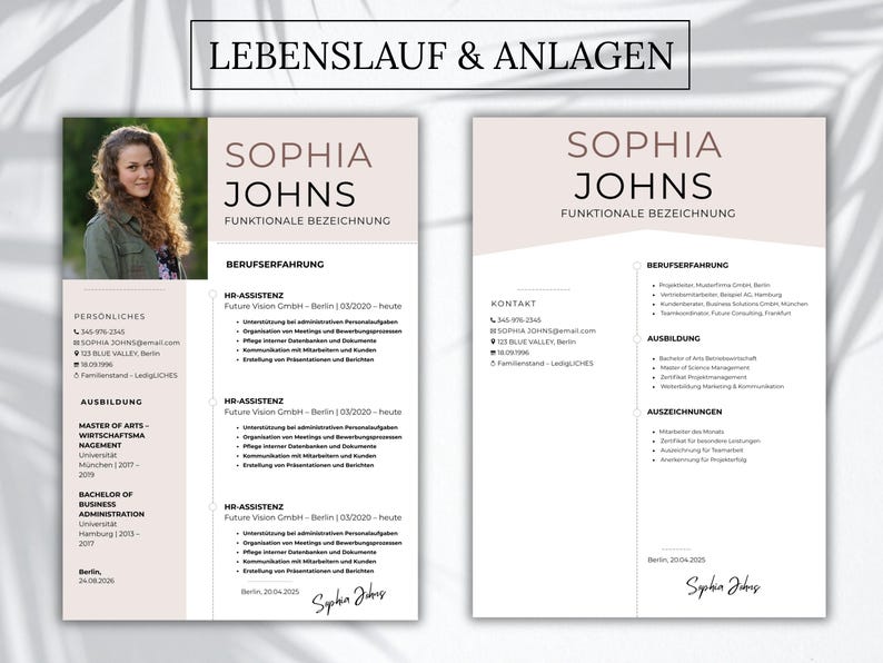 Pu&ograve; includere: Due pagine di un modello di curriculum professionale con un'intestazione rosa tenue con il nome Sophia Johns, un segnaposto per foto e sezioni per contatti, istruzione ed esperienza lavorativa, con testo nero su sfondo bianco.