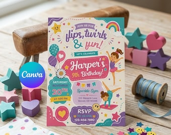 Gymnastics Birthday Invitation Template, ANY AGE, Daisy Birthday Invite, Retro Rainbow, Girl Birthday Gym Party, Canva Invitation Template
