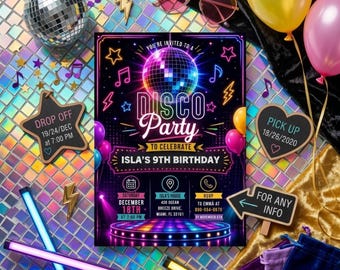Bewerkbare verjaardagsuitnodiging discofeestje, elke leeftijd discodansfeest uitnodigingssjabloon, afdrukbare neon glow feestuitnodiging DIY canvas sjabloon