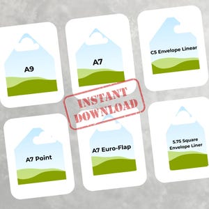 Könnte beinhalten: Eine Sammlung weißer Karten mit Landschaftsdesign und Textbeschriftungen. Die Karten enthalten Beschriftungen wie "A9", "A7", "C5 Envelope Linear", "A7 Point", "A7 Euro-Flap" und "5.75 Square Envelope Liner". Ein roter "INSTANT DOWNLOAD" Stempel ist sichtbar.