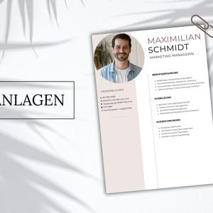May include: A resume template featuring a circular headshot of a person, the name Maximilian Schmidt, and the title Marketing Managerin. The document includes sections for professional experience, education, and awards, with a paperclip attached.