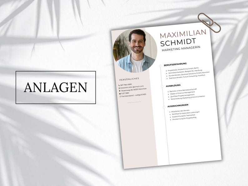May include: A resume template featuring a circular headshot of a person, the name Maximilian Schmidt, and the title Marketing Managerin. The document includes sections for professional experience, education, and awards, with a paperclip attached.