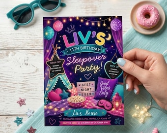 Bewerkbare uitnodiging slaapfeestje - slaapfeestje verjaardagsuitnodiging, meisjes slaapfeestje verjaardagsuitnodigingen, roze slaapfeestje, canva-sjabloon