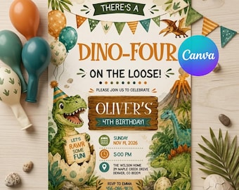 Verjaardagsuitnodiging Dino Four, dinosaurus 4e verjaardag uitnodigen jongen, TRex-verjaardagsuitnodiging voor feest, Dino-feestuitnodiging afdrukbare, Canva-sjabloon