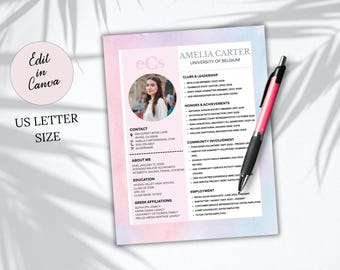 Sorority Resume Template with Photo | Sorority Resume and Cover Letter | Rush Resume Template | PNM Resume | Blue and Pink