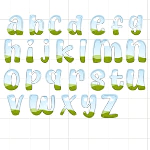 Pu&ograve; includere: Un alfabeto completo di lettere minuscole, ciascuna progettata con un aspetto trasparente a forma di bolla. Le lettere sono riempite con un cielo blu e un design paesaggistico verde, creando un'estetica stravagante e giocosa. Le lettere sono su uno sfondo a griglia bianca.