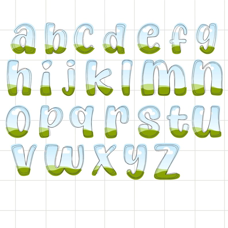 Pu&ograve; includere: Un alfabeto completo di lettere minuscole, ciascuna progettata con un aspetto trasparente a forma di bolla. Le lettere sono riempite con un cielo blu e un design paesaggistico verde, creando un'estetica stravagante e giocosa. Le lettere sono su uno sfondo a griglia bianca.