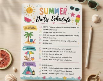 Plantilla editable de horario diario de verano para niños, planificador y lista de verificación imprimibles. Rutina diaria de verano para niños. Descarga digital instantánea.