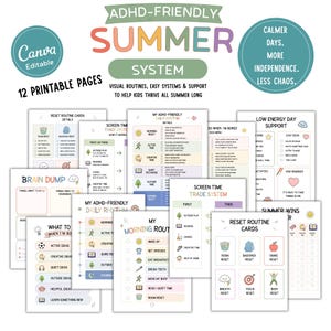 Op de afbeelding: Een set van 12 printbare pagina's voor een ADHD-vriendelijk zomersysteem met visuele routines, dagritme-schema's, schermtijd-ruilsystemen, routinekaarten en ondersteuning voor dagen met weinig energie, voorzien van kleurrijke iconen en tekst.