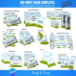 Könnte beinhalten: Grafik mit Vorlagen für Partygeschenke, darunter Schokoladenverpackungen, Chipstüten, Pringles-Dosen, Rice Krispies, Ring Pops, Kegelhüte, Wasserflaschenetiketten, Gable-Boxen, Sneaker-Riegel und Limonadendosen. Der Text enthält "10X PARTY FAVOR TEMPLATES" und "100% EDITABLE CANVA TEMPLATE."