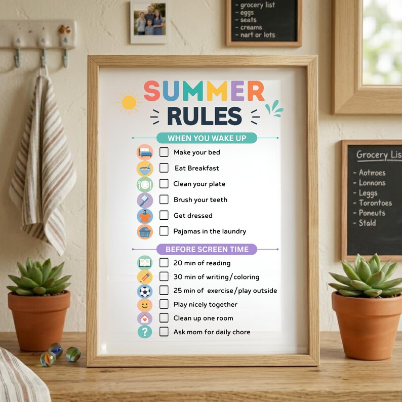 May include: A framed print with the words "SUMMER RULES" in colorful letters. The checklist includes tasks like making the bed, eating breakfast, and before-screen-time activities. A small chalkboard with a grocery list is also visible.